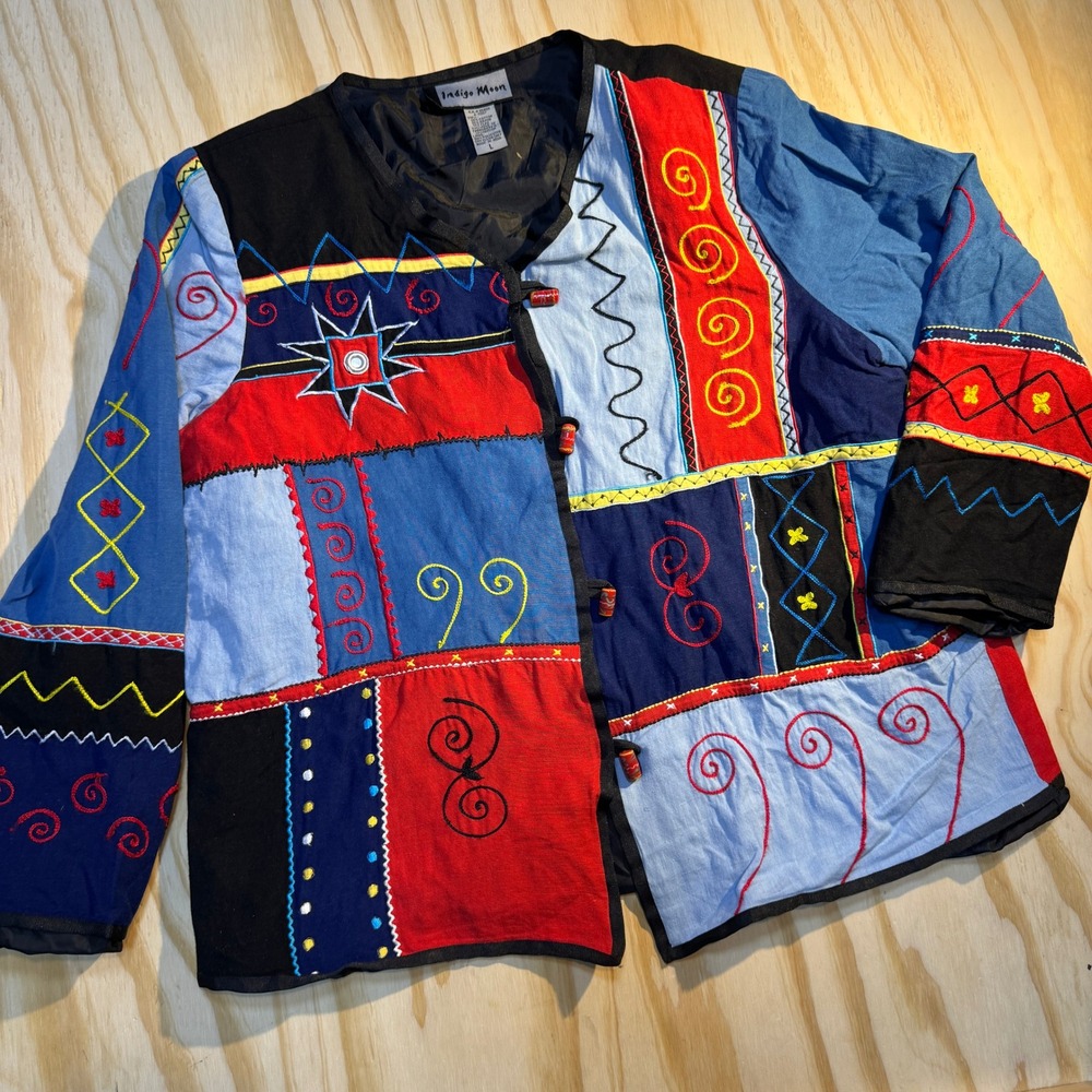 Indigo Moon Womens Vintage Patchwork Embroidered Toggle Crop Jacket Multicolor L